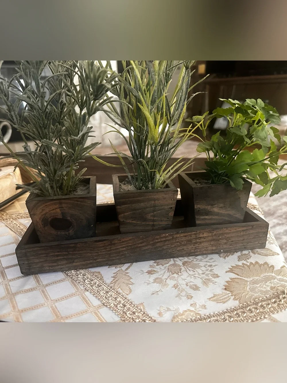 Rustic Wood Tray with Three Potted Green and Purple Faux Plants